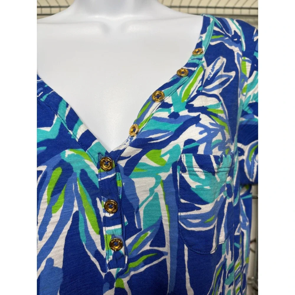 LILLY PULITZER Womens Blue Bamboo Print Pima Cotton Henley Dress M Tropical Soft